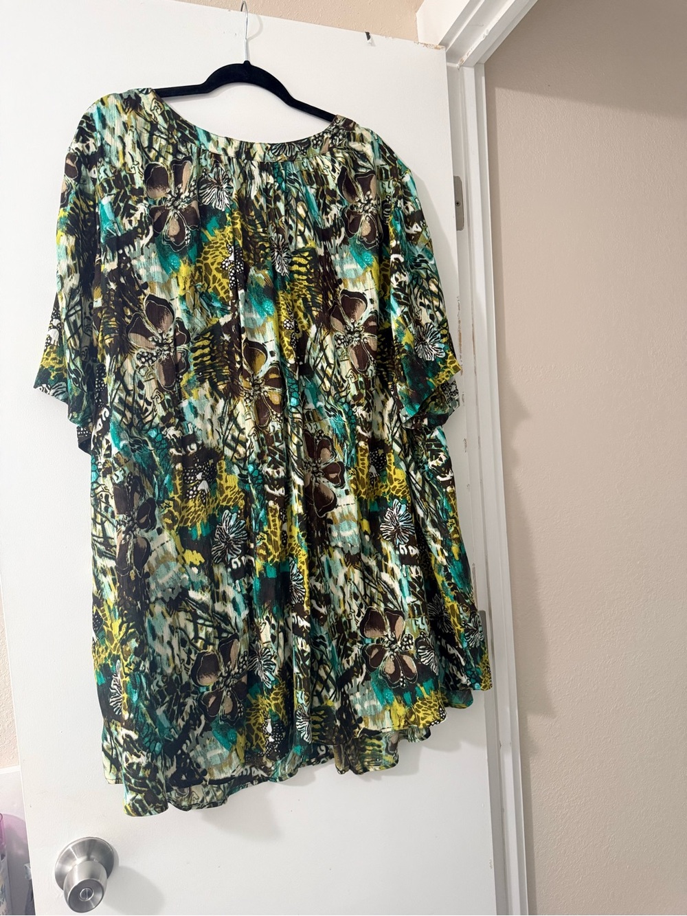 Roamans size 34 Floral Print Tunic Top in Teal, Brown & Yellow